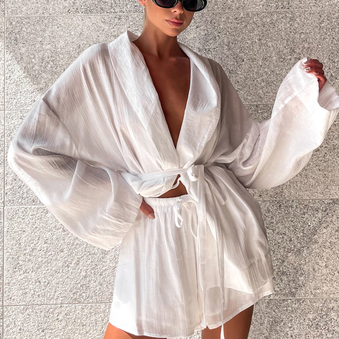 Spring Summer French Long Sleeve Lace Up Top Loose Shorts Suit Women Solid Color Casual Two Piece Suit-Fancey Boutique