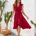 Color-Red-Women Clothing Waist Tight Sexy V neck Dress Casual Vacation Travel Solid Color Dress Sleeveless Split-Fancey Boutique