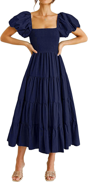 Color-Navy Blue-Summer Women Clothing Square Collar Backless Puff Sleeve Pleated Short Sleeves Dress-Fancey Boutique