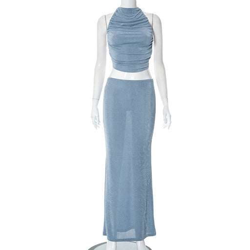 Color-Pale blue-Women Clothing Autumn Solid Color Casual Sleeveless Backless Help Vest Slim Fit Maxi Skirt Set-Fancey Boutique
