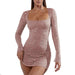 Color-Pink-Best Women Clothes Sequined Rhinestone Sexy Semi See through Long Sleeve Short Dress-Fancey Boutique