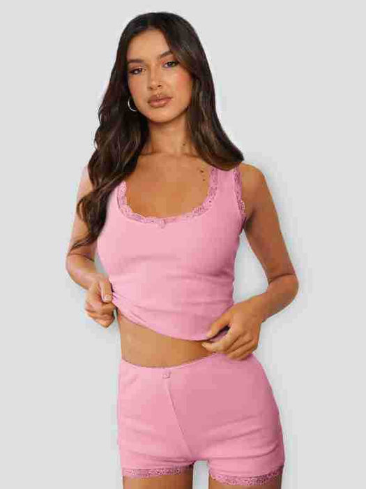 Color-Pink-Lace Stitching Home Two Piece Slim Fit Sling High Waist Shorts Women Multi Color Casual Suit-Fancey Boutique