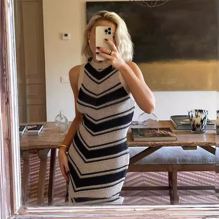 Sexy Tight Striped Tassel Knitted Dress Women Sleeveless Summer Midi Dress-Fancey Boutique