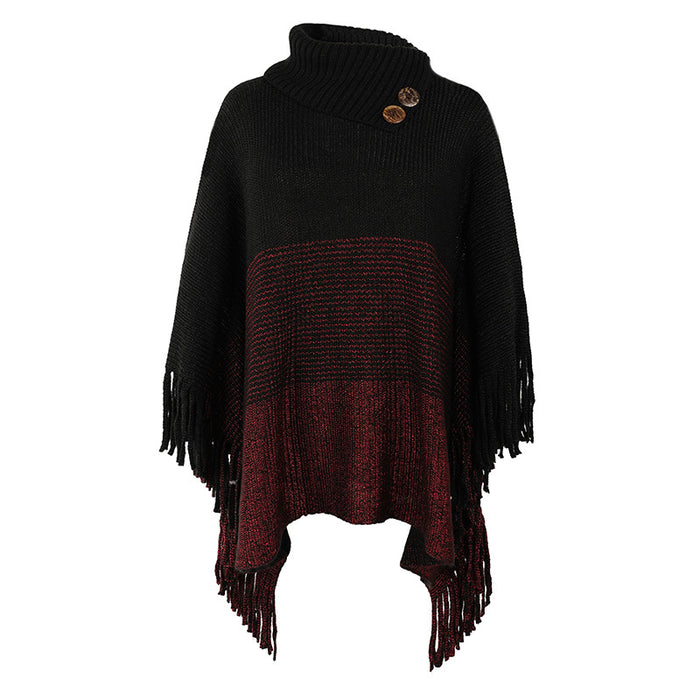 Color-Black-Autumn Winter Tassel Cape Shawl Sweater Contrast Color Knitwear Women-Fancey Boutique