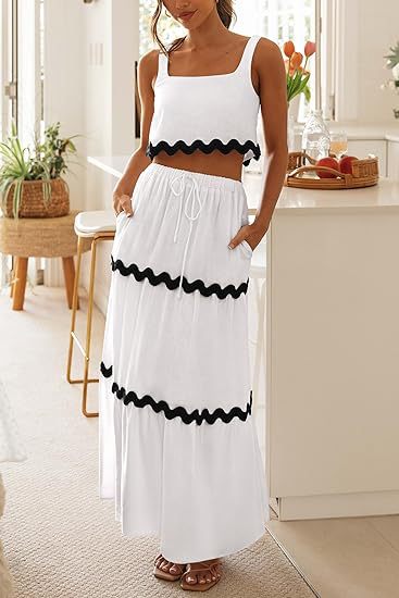 Women Clothing Lace Collage Sleeveless Short Vest High Waist Long Skirt Set-White and Black Lace-Fancey Boutique