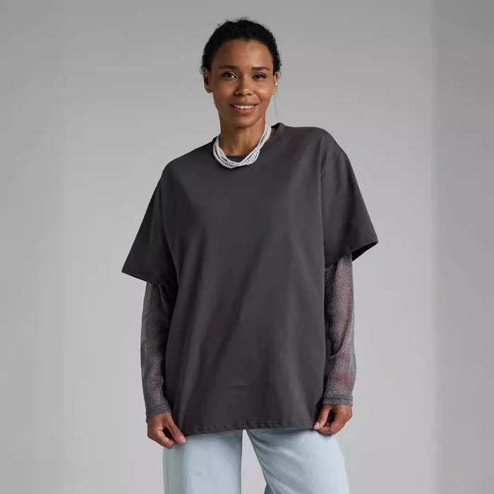 Summer Bright Yarn Mesh Stitching Long Sleeve T shirt Women Loose Sun Protection Top-Dark Grey-Fancey Boutique