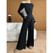Color-Black-Off Shoulder Knitted Top Wide Leg Pants Two Piece Suit Early Spring-Fancey Boutique