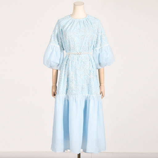 Sweet Girly Summer round Neck Puff Sleeve Pearl Belt Tight Waist Mid Length Dress-Blue-Fancey Boutique