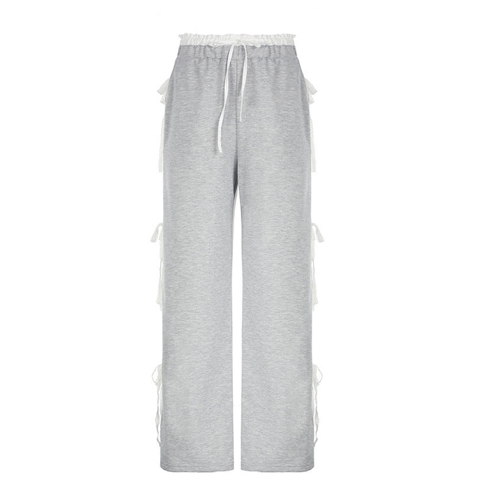 Retro Lace Bow Bandage Design Wide Leg Sweatpants Casual Loose Track Pants Women-Gray-Fancey Boutique