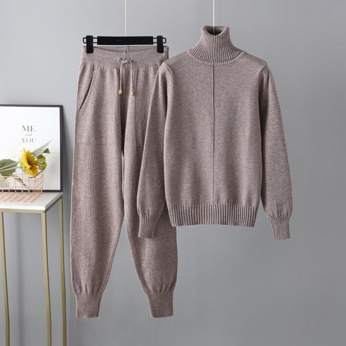 Color-Flower Coffee-Casual Set Autumn Winter Turtleneck Solid Color Sweaters Two Piece Set-Fancey Boutique