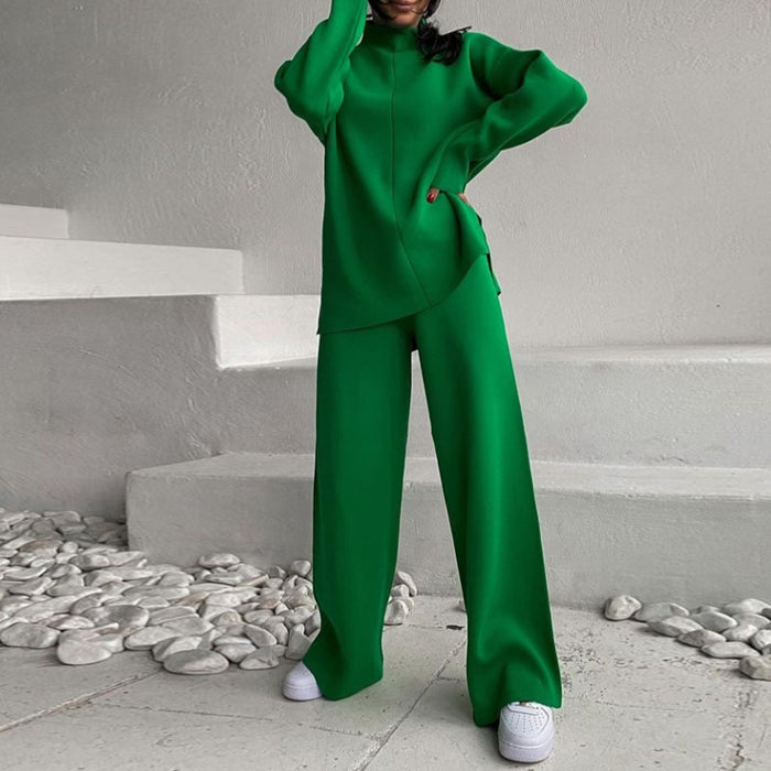 Color-Green Suit-Autumn Winter Russian Long Sleeve Loose Casual Sweater Knitted Top Trousers Set-Fancey Boutique