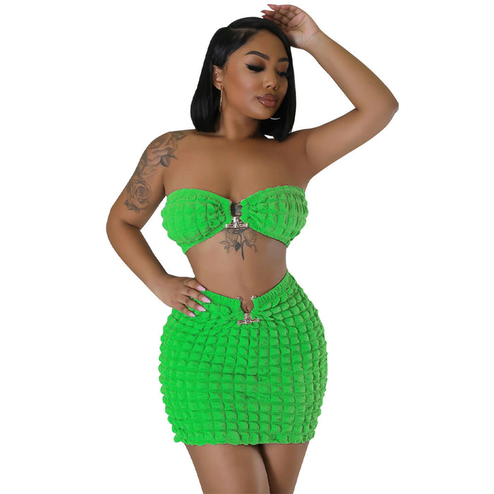 Color-Green-Women Clothing Popcorn Sexy Cropped Wrapped Chest Short Skirt Bubble Two Piece Set-Fancey Boutique