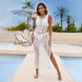 Knitted Hollow Out Cutout Beach Cover Up Seaside Vacation Bikini Swimsuit Sun Protection Shirt Long Dress-White-Fancey Boutique