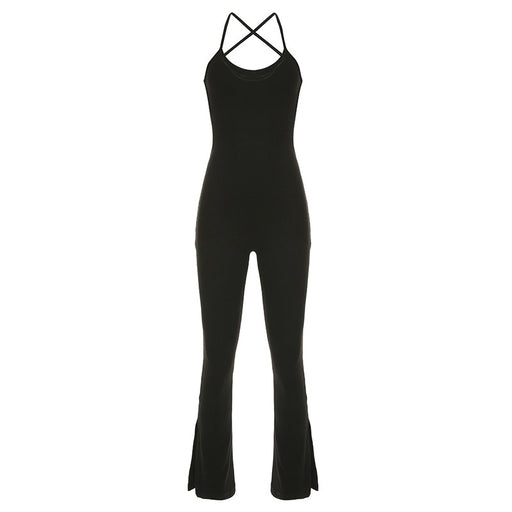 Color-Black-Women Solid Color Simple U Collar Halterneck With Suspenders Backless Tight Micro Pull Split Characteristic Jumpsuit Trousers-Fancey Boutique