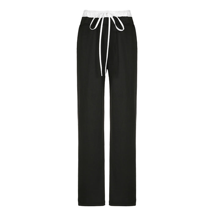 Street Trend Waist of Trousers Contrast Color Loose Casual Trousers Everyday Joker Basic Drooping Straight Pants Summer-Black-Fancey Boutique