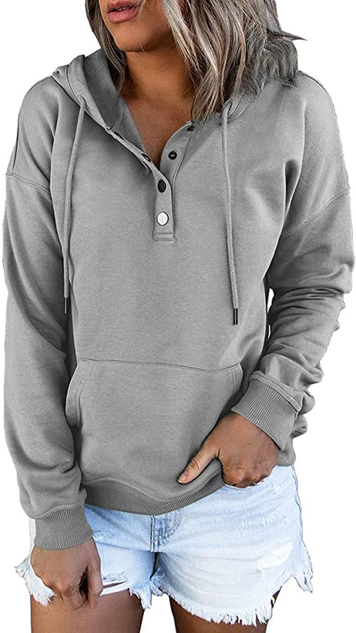 Color-Gray-Women Clothing Long Sleeve Loose Casual Hooded Drawstring Pocket Hoodie-Fancey Boutique