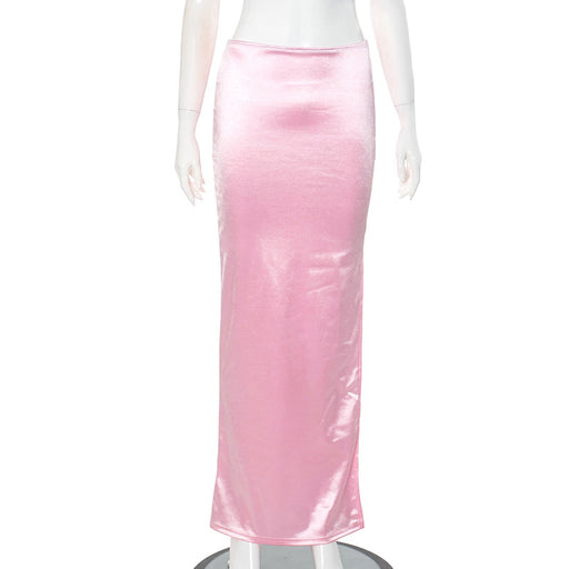 Women Summer Solid Color Personalized Bright Slit Slim Fitting Sheath Long Skirt-Pink-Fancey Boutique