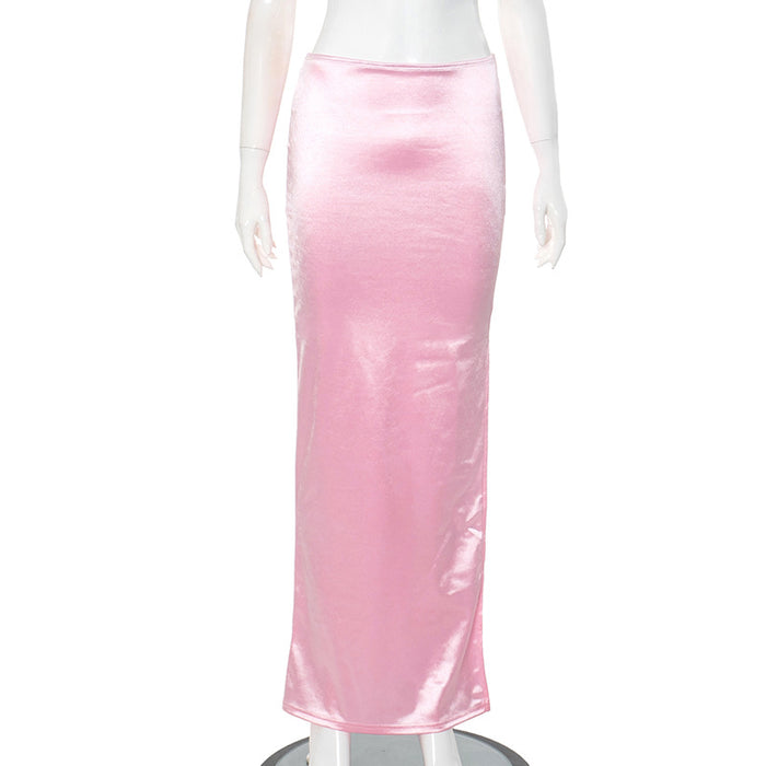 Women Summer Solid Color Personalized Bright Slit Slim Fitting Sheath Long Skirt-Pink-Fancey Boutique