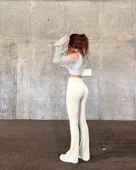 Color-Ivory-Sports Casual Yoga Pants Rib Workout High Waist Flared Pants Leggings Trousers Women-Fancey Boutique