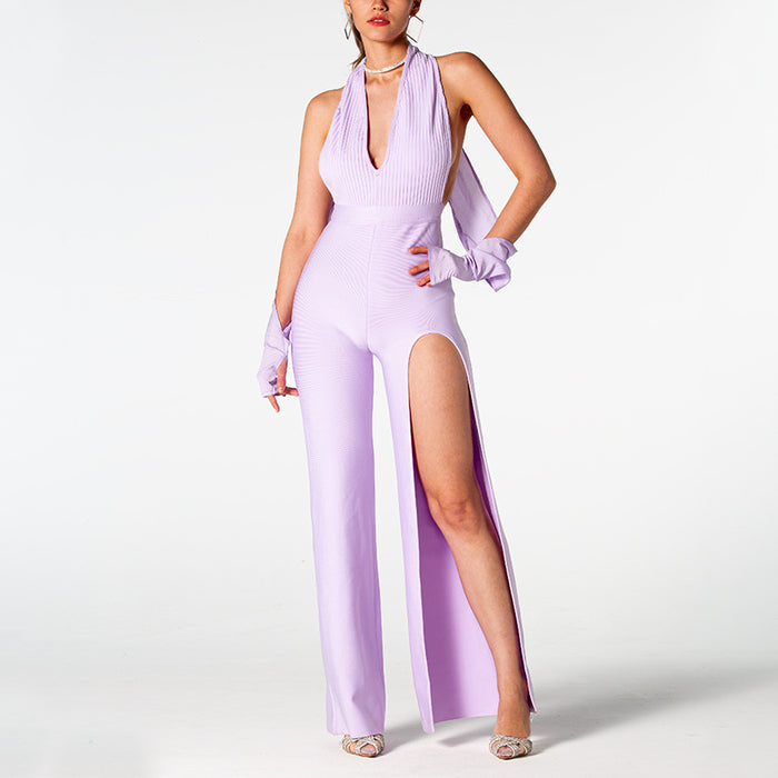 Color-Lavender-Women Summer Backless Halter V neck Slimming Backless Slit Jumpsuit-Fancey Boutique