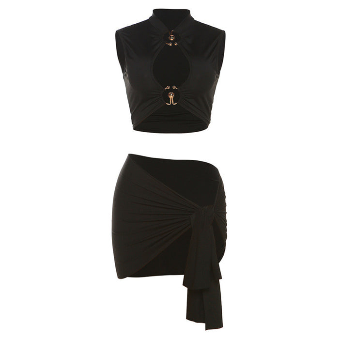 Color-Black-Summer Women Sexy Tight Hollow Out Cutout Top High Waist Hip Lace up Short Skirt Set for Women-Fancey Boutique
