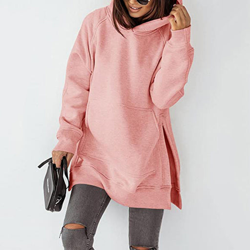 Color-Pink-Women Clothing Long Sleeve Round Neck Fleece Lined Solid Color Pocket Loose Fitting Hoodie Long Sleeve-Fancey Boutique