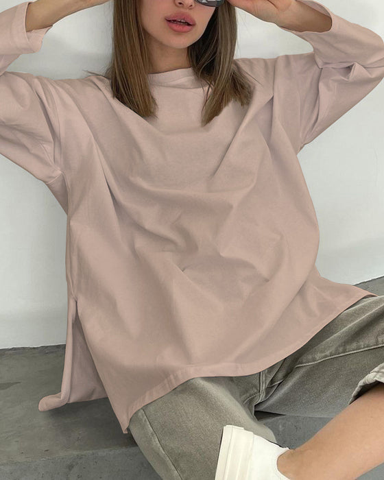 Loose Long Sleeve Split T shirt Women Solid Color Spring Summer Women Clothing Cotton Top-Khaki-Fancey Boutique