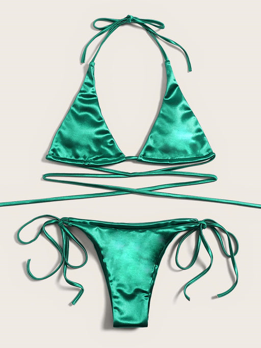 Color-Satin Green-Bikini Double Bikini Sexy Swimsuit Sexy Swimsuit Women Tied Swimsuit Solid Color-Fancey Boutique