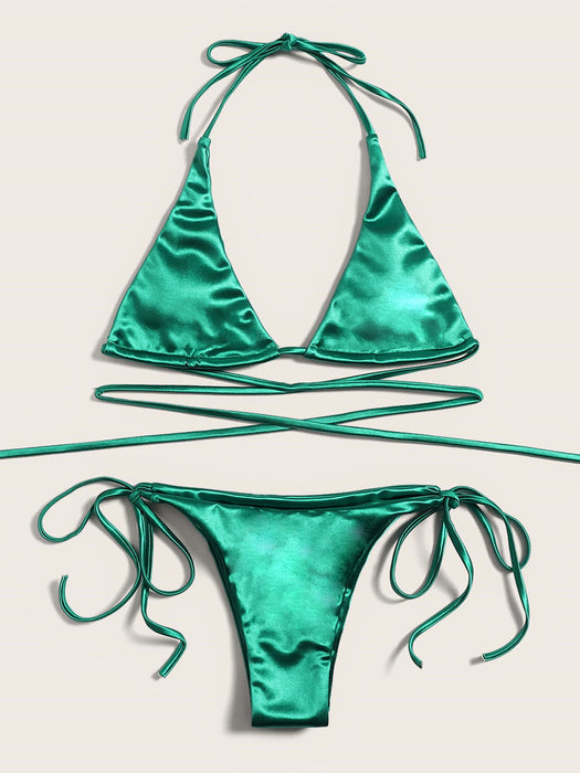 Color-Satin Green-Bikini Double Bikini Sexy Swimsuit Sexy Swimsuit Women Tied Swimsuit Solid Color-Fancey Boutique