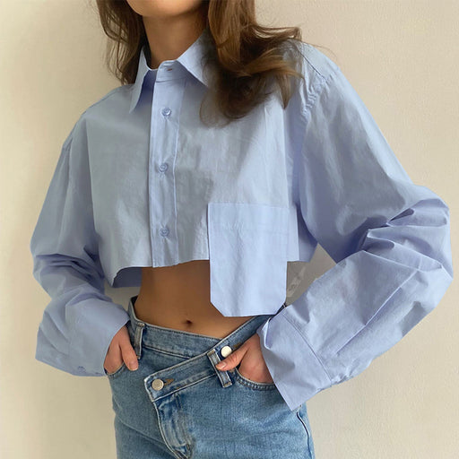 Color-Blue-Autumn Cropped Asymmetric Stitching Casual Dignified Sense of Design Short Model in White Color Shirt Women Clothing-Fancey Boutique
