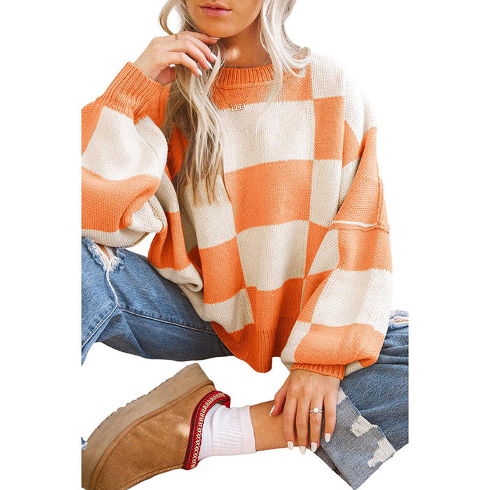 Color-Orange-Casual Plaid Printed Long-Sleeved Top Women Autumn Warm Pullover Crew Neck Sweater-Fancey Boutique