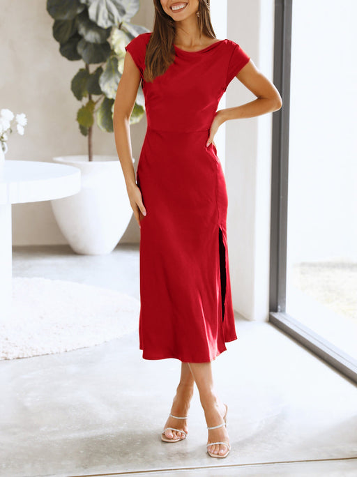 Color-Red-Ladies Elegant Short Sleeve Dress Satin Backless Back Twisted Hip-Fancey Boutique