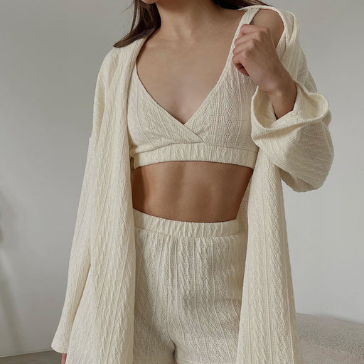 Color-Ivory-Autumn Fashionable Knitted Cardigan Suspender Shorts Long Sleeved Pajamas Three Piece Loose Comfortable Ladies Homewear-Fancey Boutique