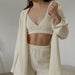 Color-Ivory-Autumn Fashionable Knitted Cardigan Suspender Shorts Long Sleeved Pajamas Three Piece Loose Comfortable Ladies Homewear-Fancey Boutique