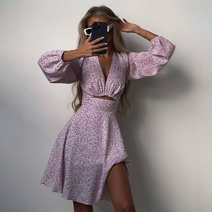 Women Clothing Summer Long Sleeve V neck pirational Design Dress Slimming Printed French Dress-Fancey Boutique