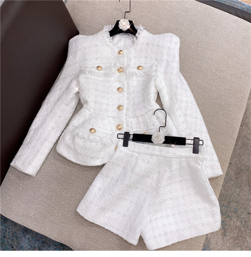 Color-White-Autumn Winter Chanel-Style White Shiner Tweed Coat Jacket Shorts Suit Two-Piece Set-Fancey Boutique