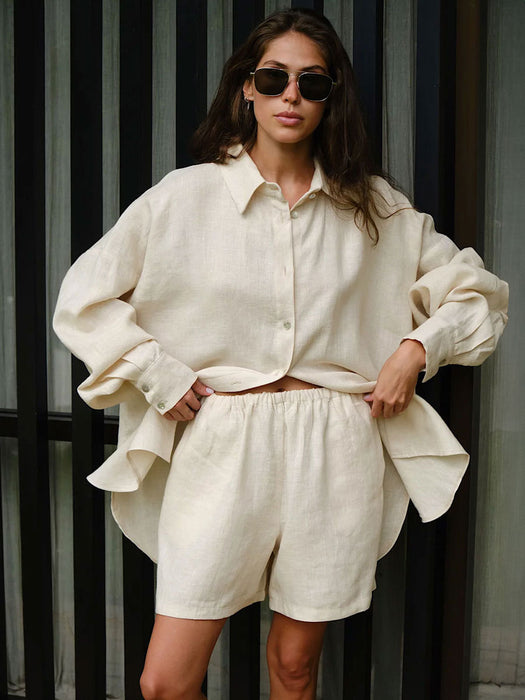 Shirt Outfit Summer Women Vacation Casual Loose Long Sleeved Shirt Shorts Suit-Cream White-Fancey Boutique