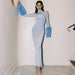 Fall Long Sleeve Light Blue Tencel Dress Slim Fit Solid Color Mesh Oversleeve Dress-Fancey Boutique