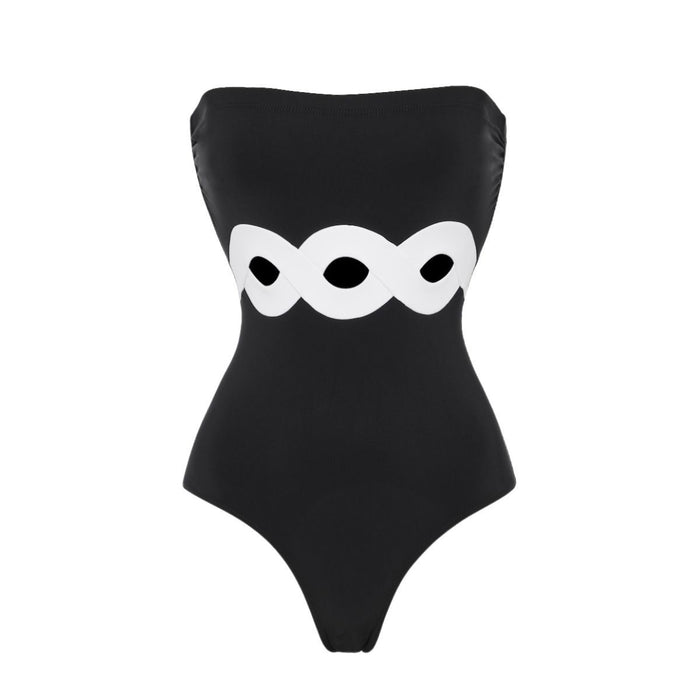 Black White Simple Hollow Out Cutout Out Swimsuit Women Skirt Set-Black Tube Top Swimsuit-Fancey Boutique