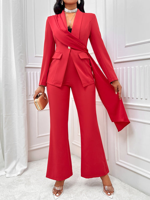 Color-Red-Autumn Winter Casual Sexy Suit Solid Color Slim Ribbon Suit Women-Fancey Boutique