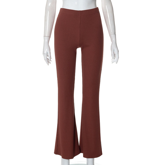 Color-Brown-Autumn Sunken Stripe Solid Color High Waist Sheath Casual Women Clothing Bootcut Pants-Fancey Boutique