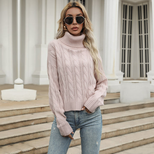 Color-Pink-Autumn Women Wear Solid Color Twist Long Sleeve High Collar Bottoming Sweater-Fancey Boutique