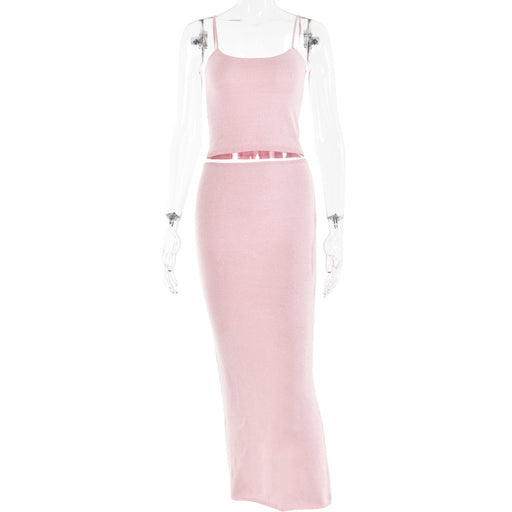 Color-Pink-Autumn Sexy Trend Backless Sling Top Sheath Dress Knitted Bright Silk Suit-Fancey Boutique