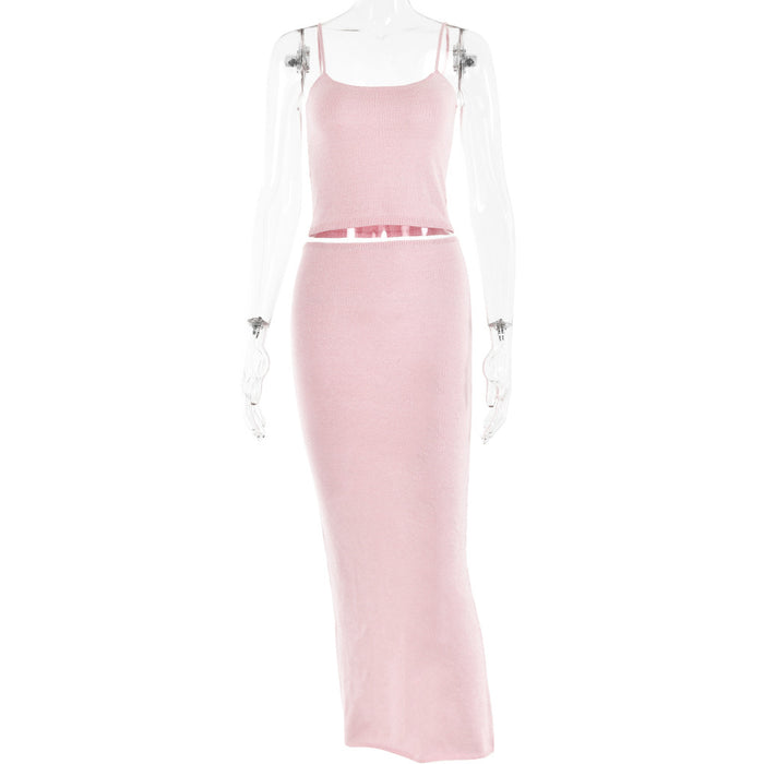 Color-Pink-Autumn Sexy Trend Backless Sling Top Sheath Dress Knitted Bright Silk Suit-Fancey Boutique