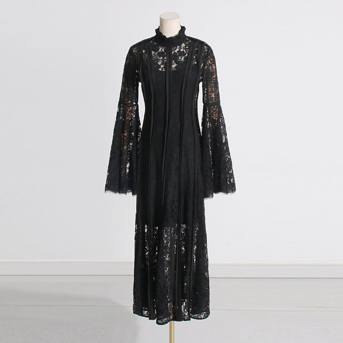 French Elegant Retro Spring Summer Lace Embroidered Neckline Heavy Duty Pleated Maxi Dress Women-Black-Fancey Boutique