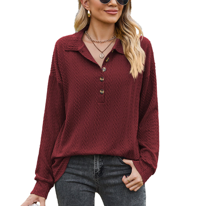 Color-Burgundy-Autumn Winter Solid Color Polo Collar Button Loose Long Sleeve Sweatershirt Coat Women-Fancey Boutique