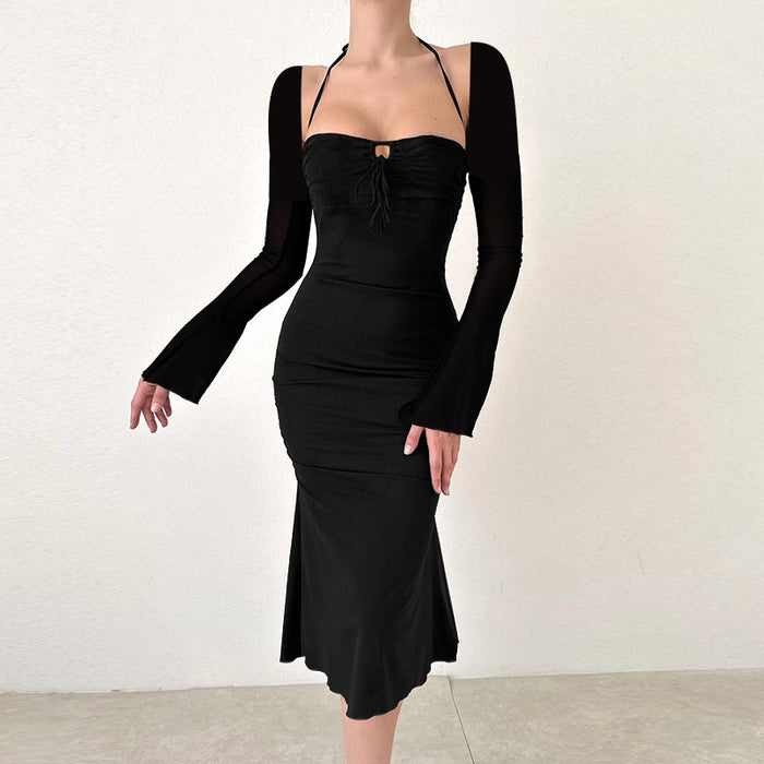 Fall Type Hip Elegant Halter Long Sleeve Thin Strap Slim Fit Dress Women-Fancey Boutique