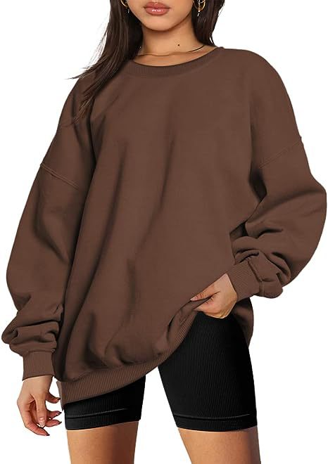 Color-Coffee-Women Clothing Round Neck Pullover Loose Casual Fleece Lined Oversized Sweater-Fancey Boutique