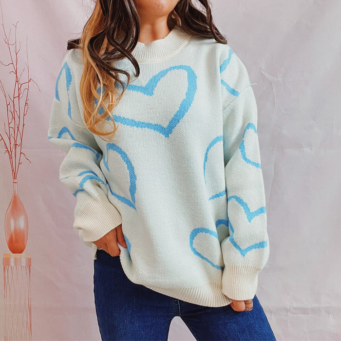 Color-Blue-Valentine Day Love Pattern Sweater round Neck Long Sleeve Autumn Winter Thickening Knitted Pullover for Women-Fancey Boutique