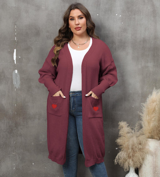 Color-Burgundy-Women plus Size Women Clothes Mid Length Woven Sweater Love Double Pocket Lantern Sleeve Sweater Cardigan-Fancey Boutique